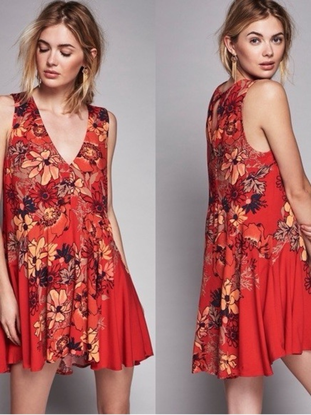 Free People Red Floral V-Neck Swing Dress with Orange Accents